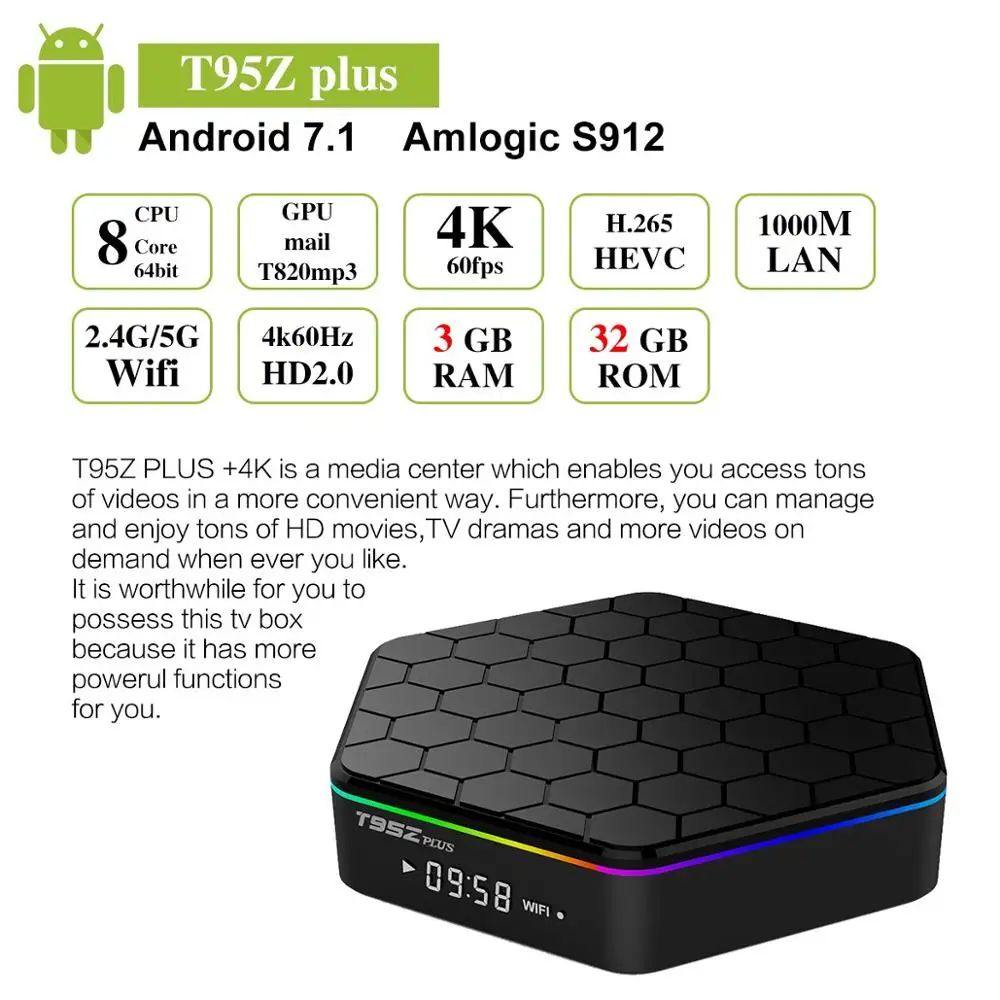 Android Smart tv Box T95Z Plus amlogic S912 2G/16G Смарт-приставки Full HD 4K 3D Wifi 2,4G/5G медиаплеер Qcta Core tv Box