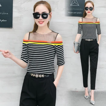 

A Woman Stripe blouse 2017 Korean Fashion Women Short-Sleeved Top Summer Wear New Shirt Mesh Leakage Shoulder Joker Students