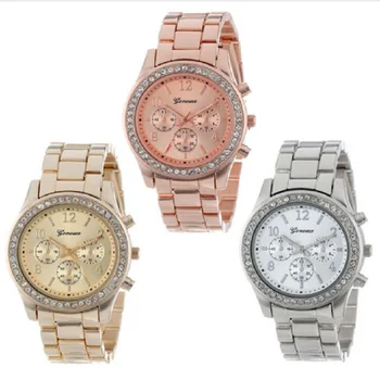 

New Geneva three eye diamond watch, female and European stainless steel belt leisure accessories watch wholesale