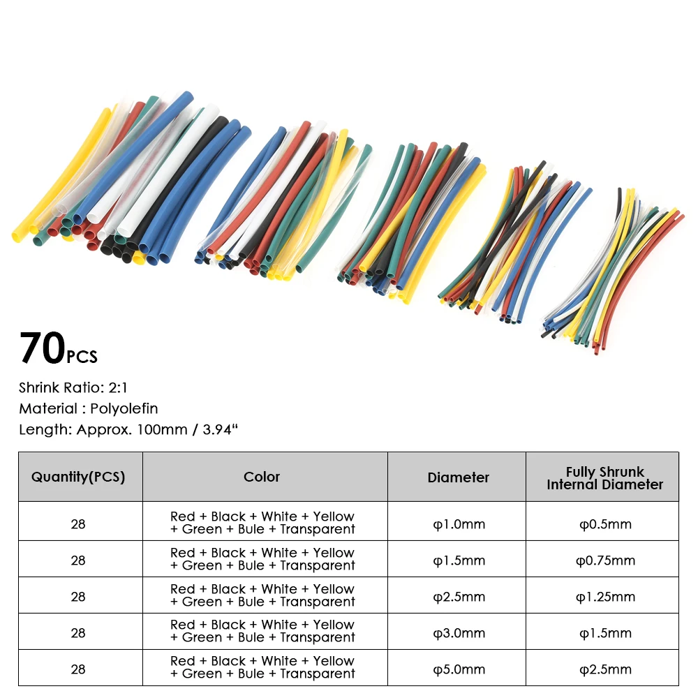 140 шт 7 цветов полиолефин без галогенов 2:1 термоусадочная трубка усадочная трубка обмотка для проводов, кабелей комплект