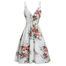 Summer Fashion Women Dress Elegant Casual Floral Printing Strap Sleeveless Backless V Neck Knee Length Vestidos Flexible OY41