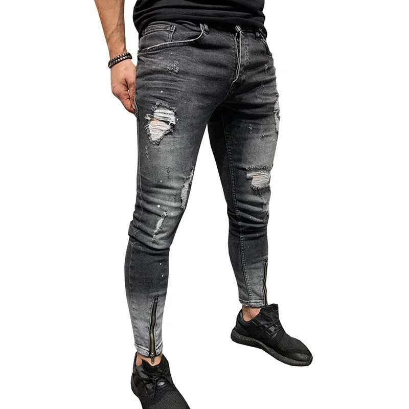 Men Jeans Stretch Destroyed Ripped Design Black Pencil Pants Slim Biker ...