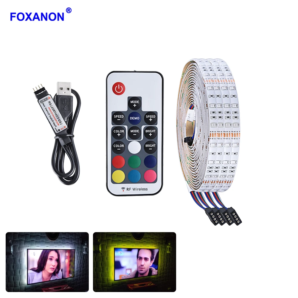 Foxanon 1 м 2 м 3 м 4 м 5 в RGB свет 2835SMD USB Светодиодная лента для ТВ фоновая световая лента лампа с 3 клавишами IR24Key RF17key контроллер