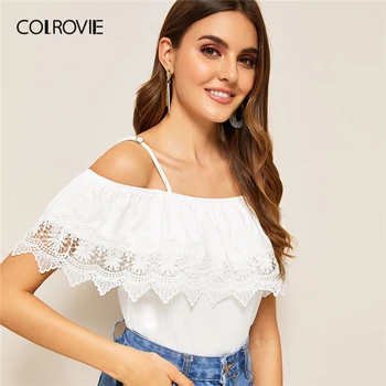

COLROVIE White Cold Shoulder Guipure Lace Trim Top Women Clothes 2019 Summer Casual Short Sleeve Tee Ladies Cut Out T-Shirt