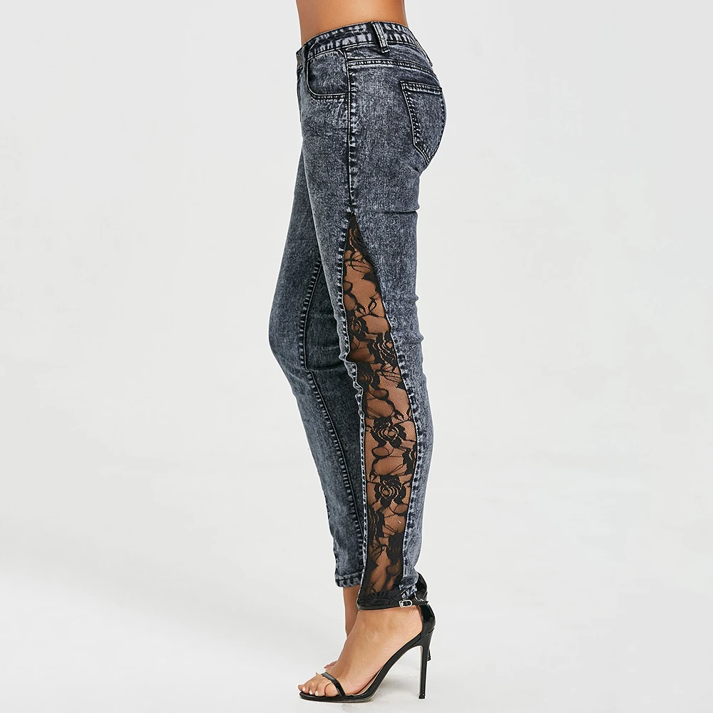 woman's Jeans Women Plus Size Sheer Lace Side low Waist Jeans Slim casual Skinny Lace Panel pencil Denim cowboy Lace pants Jeans