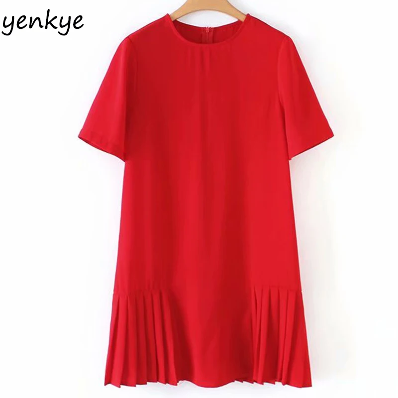 

2019 Women Solid Color Pleated Dress Lady Round Neck Short Sleeve Summer Casual Dress XZWM19001
