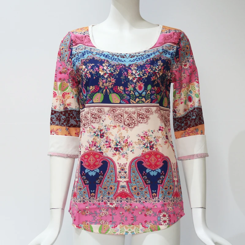 Летняя рубашка с принтом модные ацтекские женские блузы в полоску кружевные топы с цветочным принтом с круглым вырезом Повседневная рубашка
