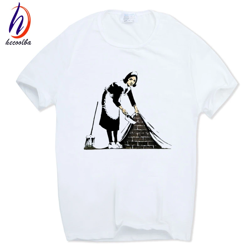 

Wholesale Hecoolba 2017 Men Banksy Urban Design Art T-shirt O-Neck Short sleeves Summer Streetwear White Casual T Shirt HCP602