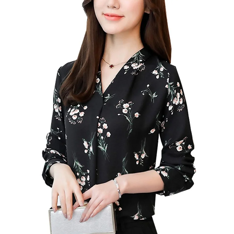 

Women's Shirt Chiffon Blouse Women Shirts Floral Print Tops Casual V-neck Long Sleeve Office Shirt Blusas