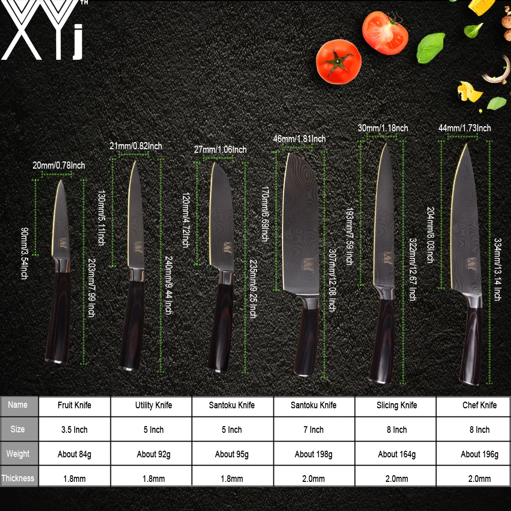 XYj Stainless Steel Kitchen Knife Tools 3.5, 5, 5, 7, 8, 8 inch Exquisite Color Wood Handle Fruit Vegetable Meat Cooking Tools