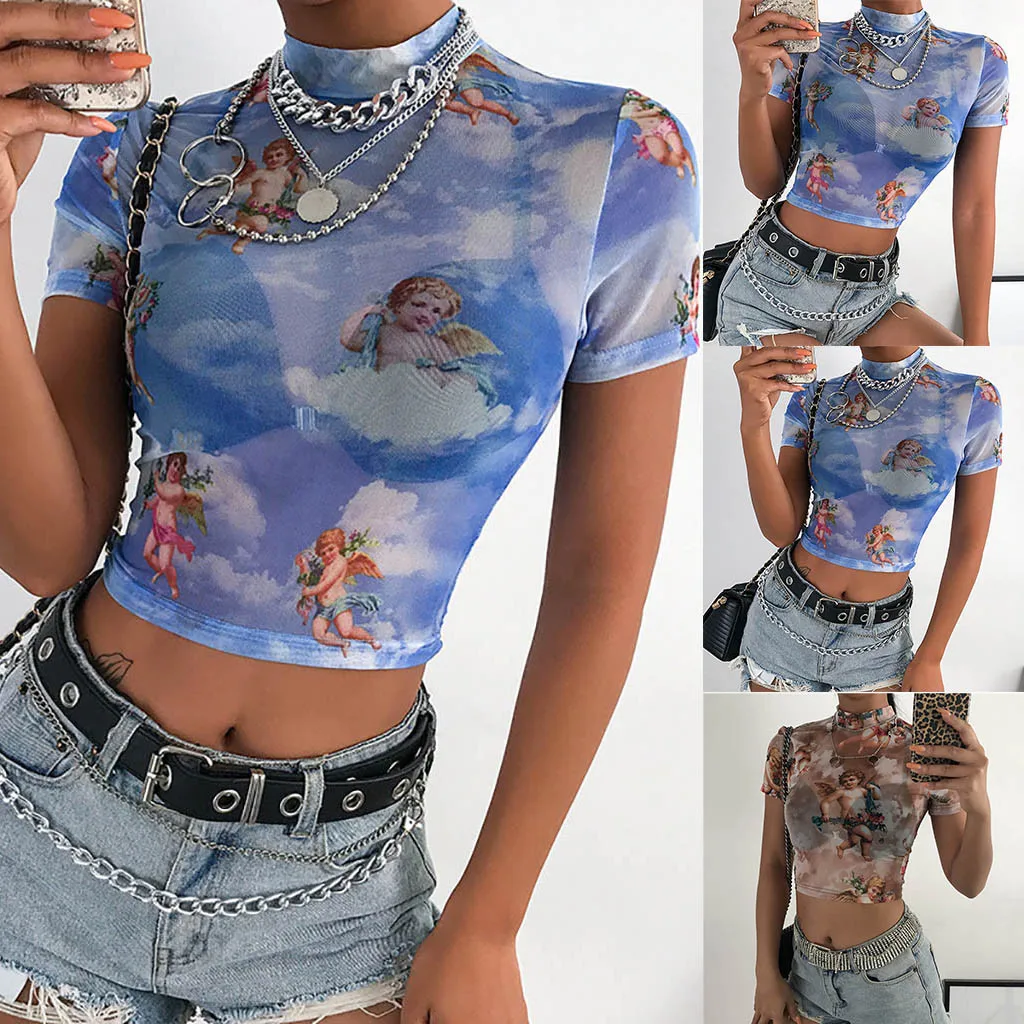 

New Fashion Women See-through Sheer Mesh Fishnet T-Shirt Crop Top Cute Angel Printed Female Summer Mesh Tops #YJP