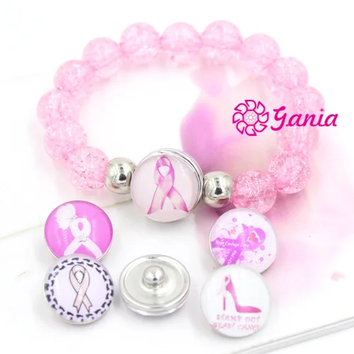 

1PC Bracelet 6PCS of Button DIY Breast Cancer Awareness Bracelet Pink Ribbon Breast Cancer 18mm Button Bracelet For snap jewelry