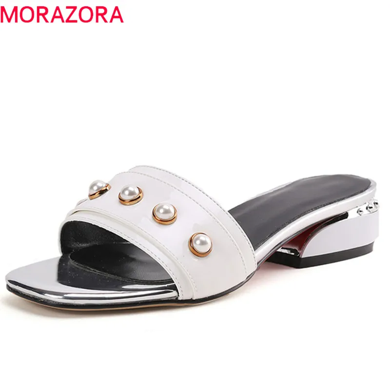

MORAZORA 2020 new arrive women slippers solid summer shoes fashion square heels shoes big size 33-44 elegant Pearl mules shoes
