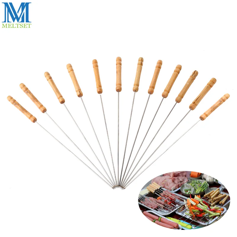 Meltset 10pcs/lot BBQ Skewers Wooden Handle Roasting Needle Stainless Steel Skewers Pork Sticks