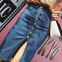 PLAMTEE однобортная джинсовая юбка женская летняя сексуальная сплит Falda Vaquera длиной до колена длинная юбка винтажная Высокая талия Saias Feminino