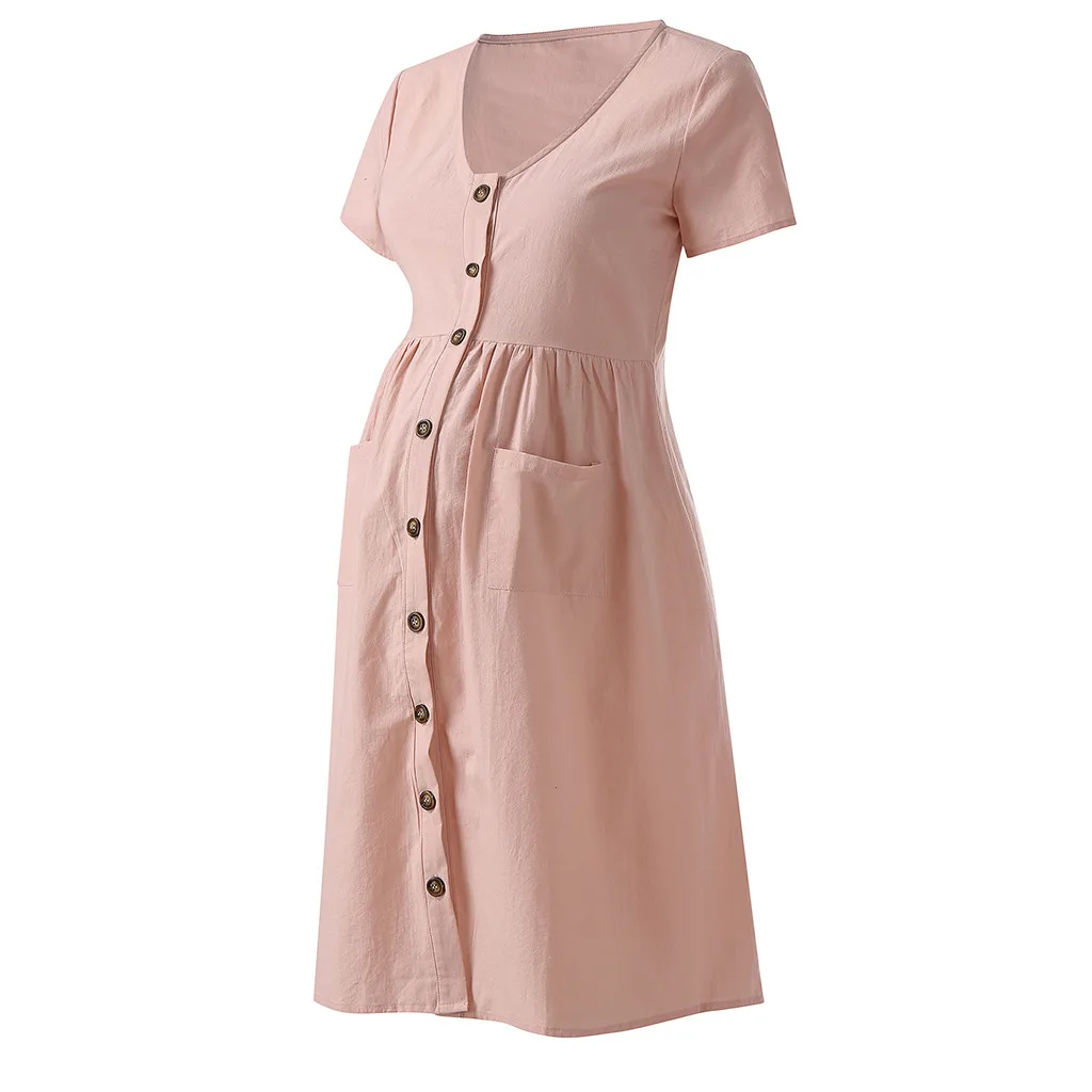 

Women's Pregnancy Dress Summer Fashion Button Solid V Neck Short Sleeve Long Dress Maternity Dresses Evening Maternity Gown 2018