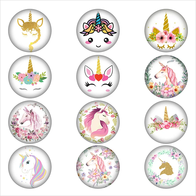 

Unicorn girls Cartoon glass snap button DIY jewelry Round photo cabochons flat back DA1185