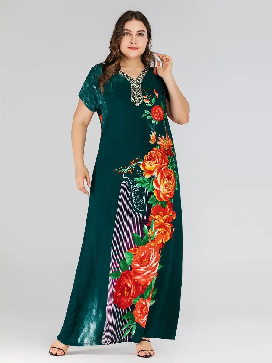 Женское платье с коротким рукавом Boho длинное большого размера цветочным принтом