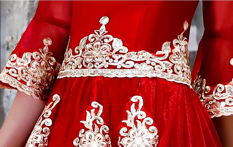 JaneVini Красный платья невесты длинные для Для женщин Свадебная вечеринка платье золотые кружева накладные аппликации на половину рукава