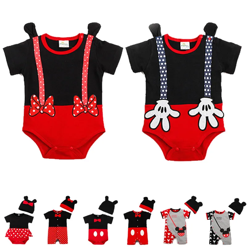 

Summer Toddler Cartoon Modeling Romper Dress Baby Mickey Short Romper Bow Dot BIb Print Minnie Jumpsuit Boy New Born 6M 12M 18M