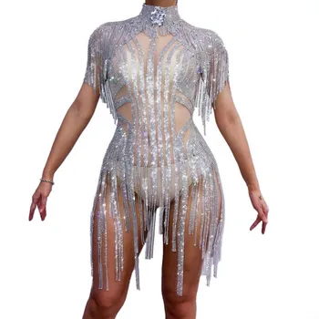 

Sparkly Silver Rhinestones Sexy Jumpsuit Women Birthday Celebrate Bodysuit Costume Tassel Bodysuit Performance Evening Wear DJ