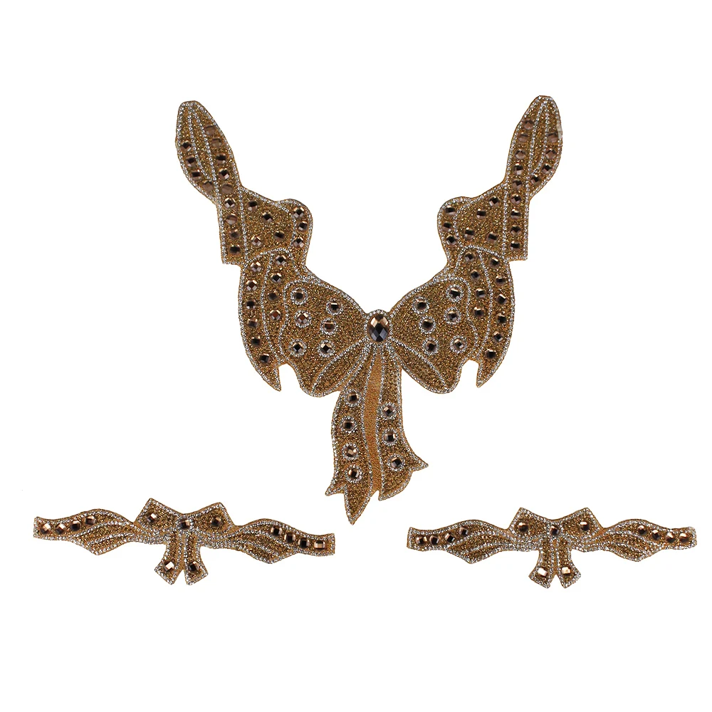 

1set/3PC Bowknot Design Hot Fix Rhinestones Collar Iron on Sleeve Patches Clothes Decorated Craft Beads Crystal Applique T2393