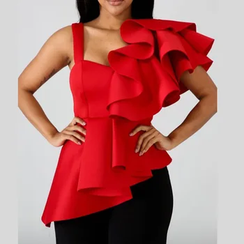 

Sexy V-Neck Sling Slim Ruffled Shirts One Shoulder Irregular 3D Flowers Lotus Blouses Spliced Backless Tops