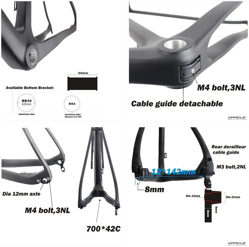 Discount 2019 Thru Axle 142mm disc cyclocross carbon frame  Gravel 700C Carbon Bike Frame, Di2 Carbon Cyclocross Frame with 100*12mm fork 4