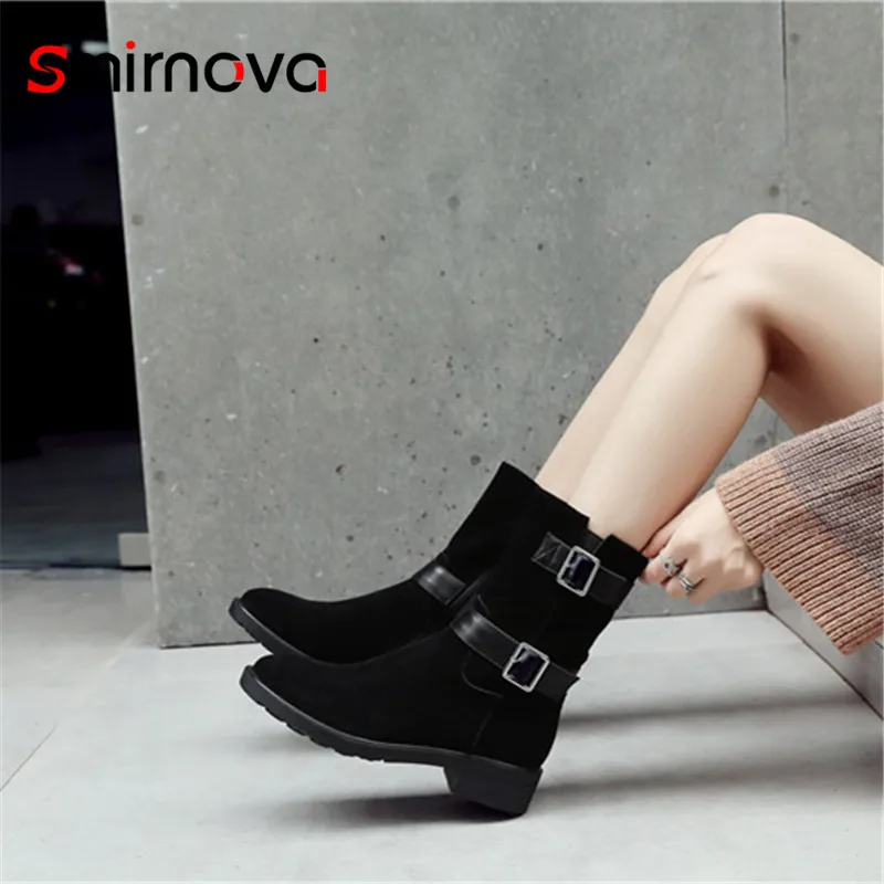 

Smirnova HOT fashion zipper shoes 2020 round toe boots mid calf boots casual cow suede leather woman boots med heel