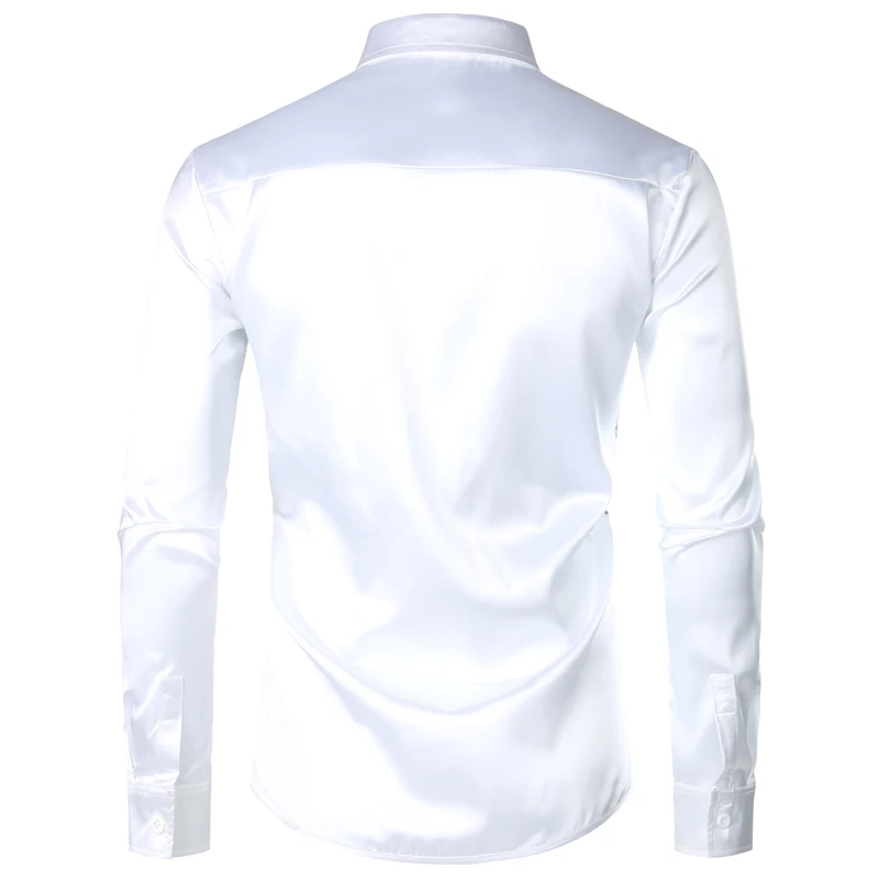 Мужская Серебристая шелковая атласная рубашка с блестками, блестящие вечерние рубашки на пуговицах с длинным рукавом для дискотеки, облегающая мужская белая рубашка для сценического танца
