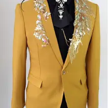 Одежда с желтыми блестками мужские дизайнерские костюмы masculino homme terno сценические певцы куртка для мужчин Тонкий Блейзер танцевальная Звезда Стиль платье панк