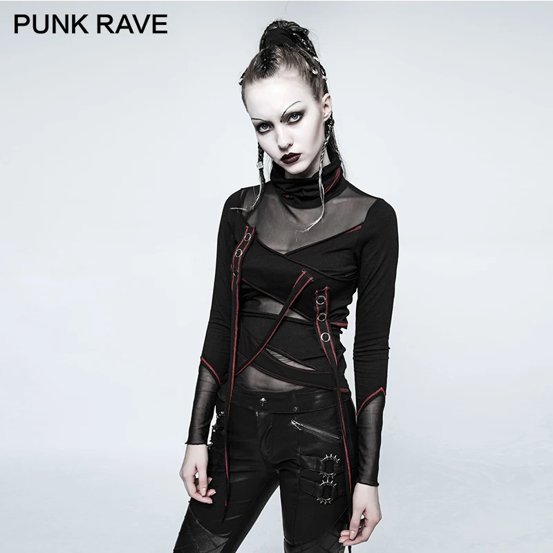 

PUNK RAVE Punk Tailor Network Multi Split Slim Comfortable Cotton Tees Skinny Comfortable Knit Mesh Perspective T-shirt