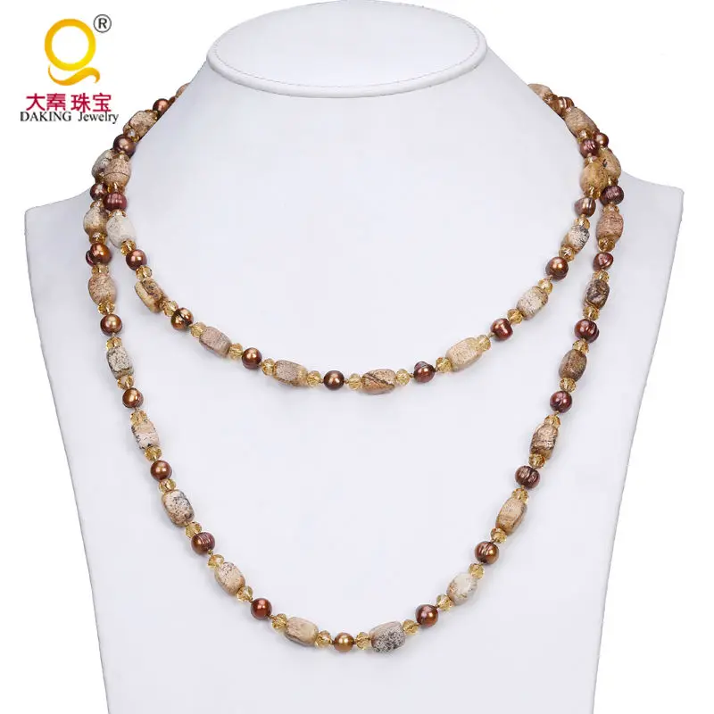 Brown freshwater pearl long necklace crystal bead necklace handmade