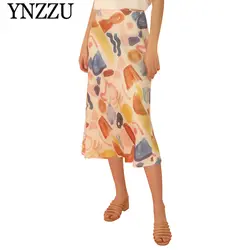 YNZZU элегантная 2019 Летняя женская юбка с принтом граффити, высокая талия, средняя удлиненная юбка, трапециевидная повседневная юбка средней