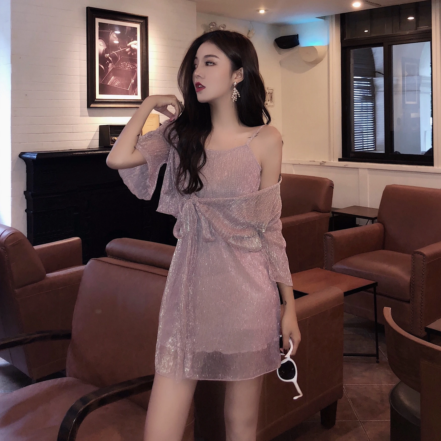 

Sexy Summer 2018 New Slim Pleated Lace Tulle Bright Sling Dress + Joker Loose Shawl Cardigan Fashion Chiffon Two Piece Set