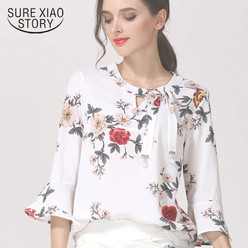 

Sexy 2019 Fashion Printed Chiffon Women Blouses Floral Shirt Flare Sleeve Summer Ladies Tops Feminine Blouses Blusas D278 30