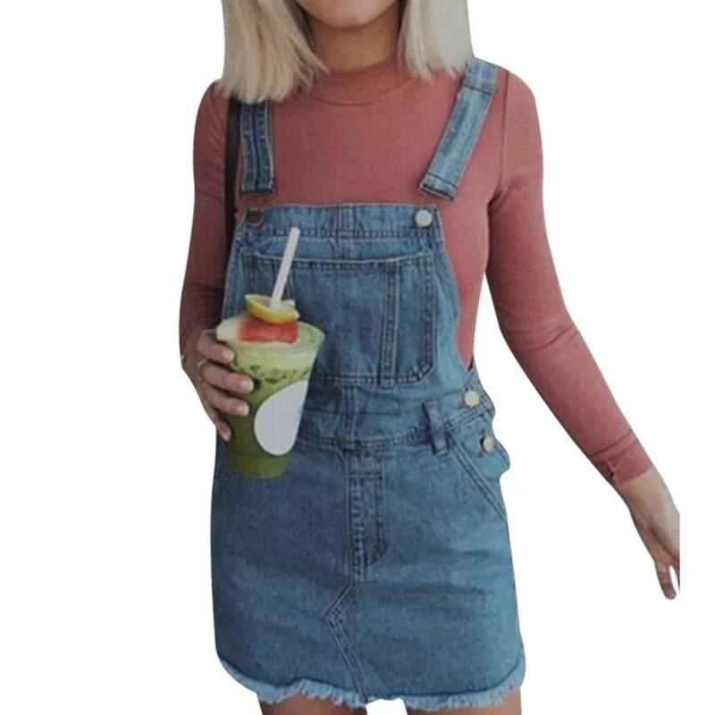 

CALOFE Hem Distressed Denim Overall Pocket Dress Summer Straps Sleeveless Ripped Clothes Women Plus Size Casual Denim Dress