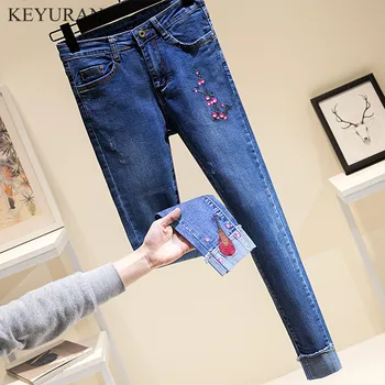 

XXXXL 2020 New Women's Floral Embroidery Elasticity Jeans Female Spirng Summer Fashion Thin Stretch Ankle-Length Pants Trousers