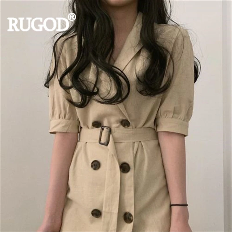 Женское винтажное платье RUGOD однотонное двубортное мини с рукавами фонариками и