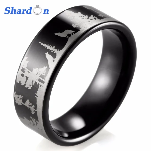 Shardon Animal Landscape Scene Wolf Wolves Ring Engraved Flat Black Shardon Animal Landscape Scene Wolf Wolves Ring Engraved Flat Black Tungsten Bague Mens Rings Anillos