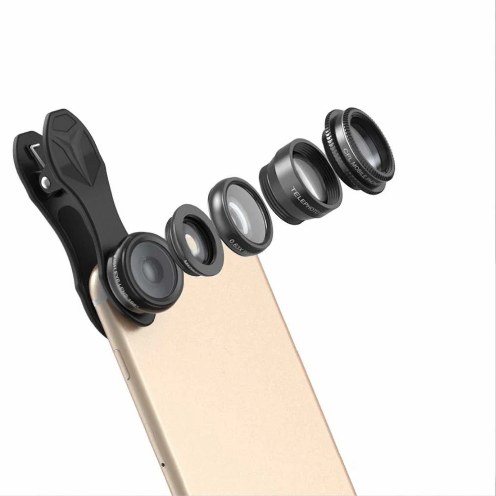 

5 in 1 Phone Lens Kit, APEXEL 198 Degree Fisheye /0.63X Wide Angel /15X Macro /Telescope /CPL Lens/ for iPhone Samsung phone