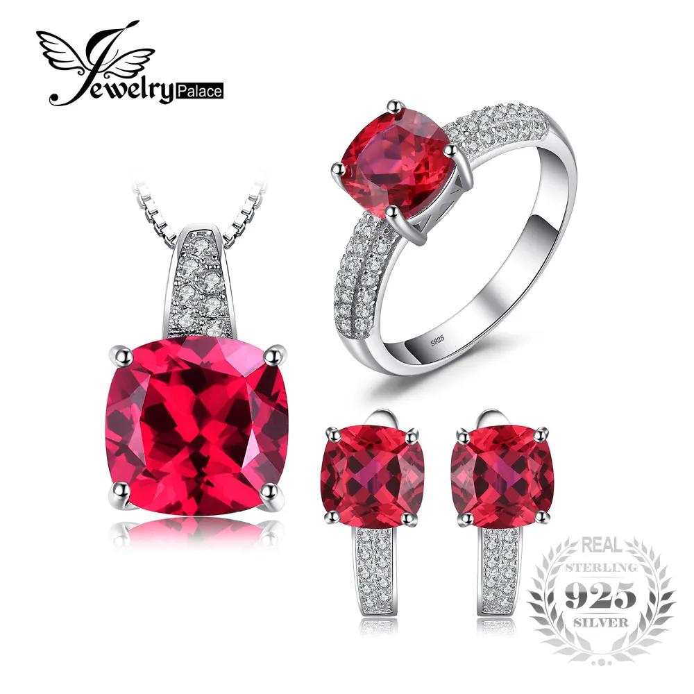 

JewelryPalace Created Ruby Ring Necklace Clip Earring Jewelry Set 925 Sterling Silver Jewelry Set Fine Jewelry for Women