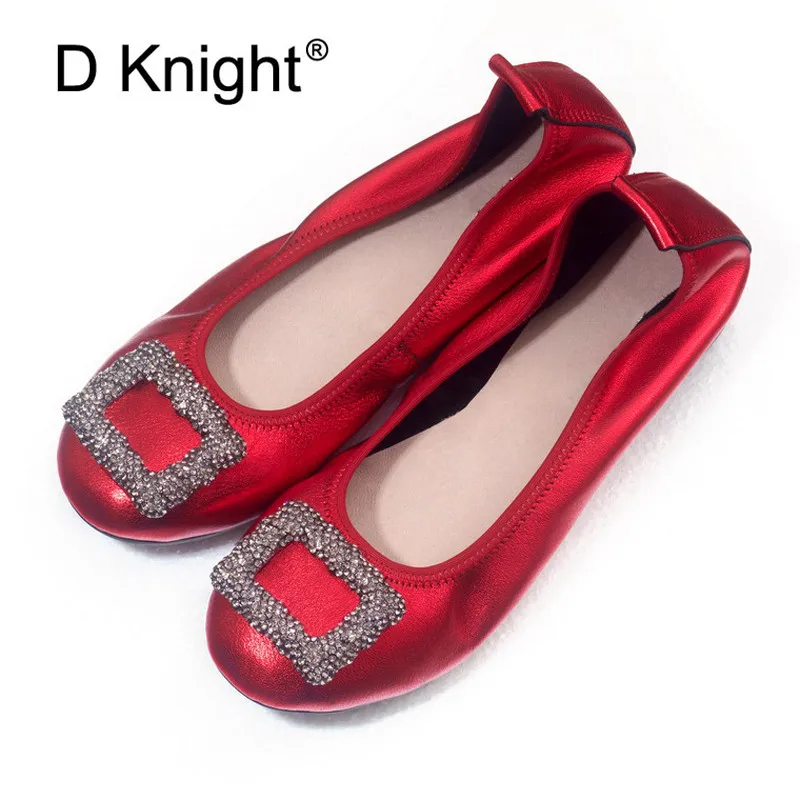 Natural Leather Loafer Womens Shoes Round Toe Slip On Ballet Shoes with Rhinestones Shallow Mouth Flats Ballerinas Women Size 12 (22)