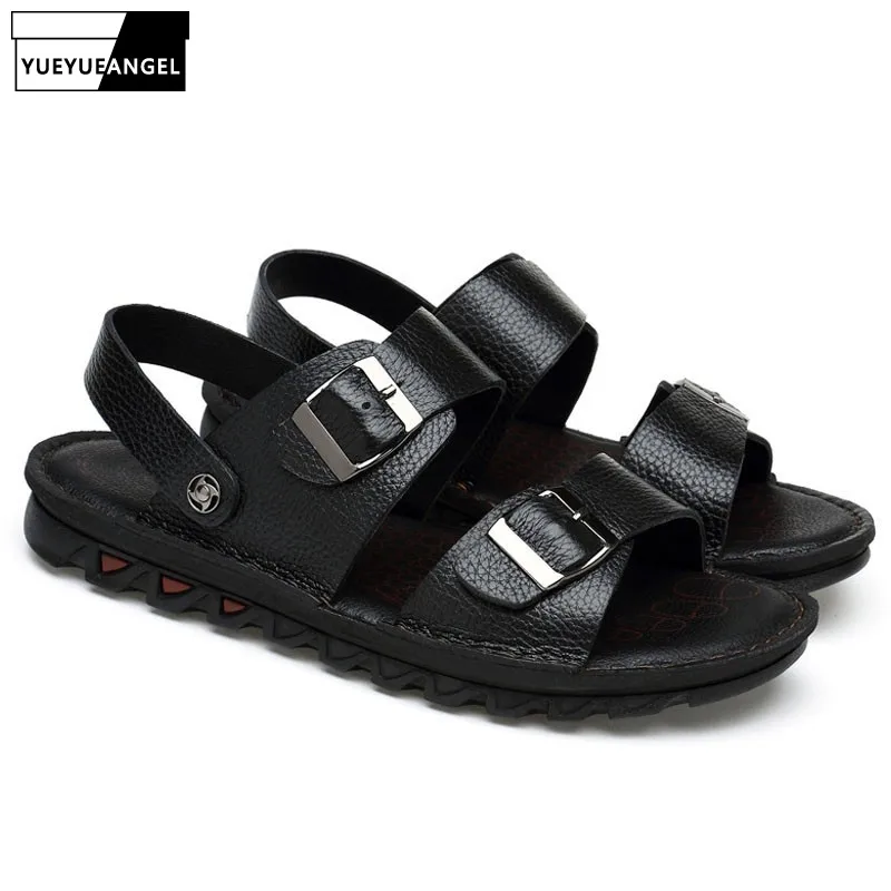 

Leather Handmade Thick Platform Sandals Men Summer Leather Beach Shoes Plus Size 46 47 Casual Outdoor Slides Male Flip Flops