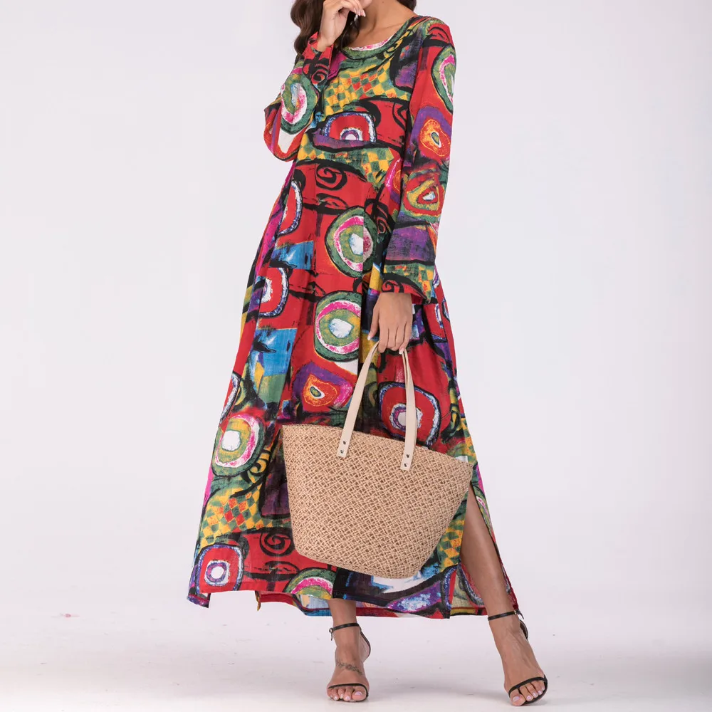 

Floral Printed Kaftan Long Dress Women Casual Long Sleeve Thin Cotton Linen Dresses Clothes Boho Pockets Beach Party Dress #20