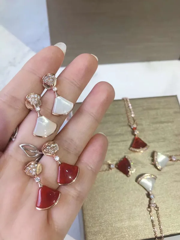 

Hot brand fan jewelry red stone shell fan necklace small dress earrings rose gold famous 925 sterling silver jewelry