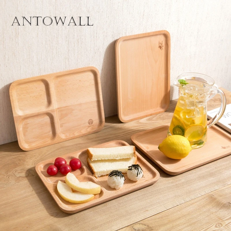 

Natural Solid Beech Wood Divided Plate Handmade Square Wooden Food Serving Tray Fruit Bread Snack Cake Dessert Platter Tray