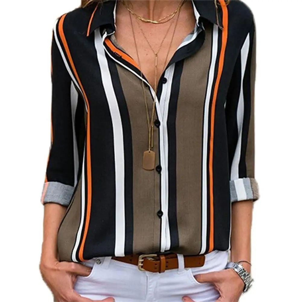 

2019 New Yfashion Women Summer Casual V Collar Striped Long Sleeve Shirt