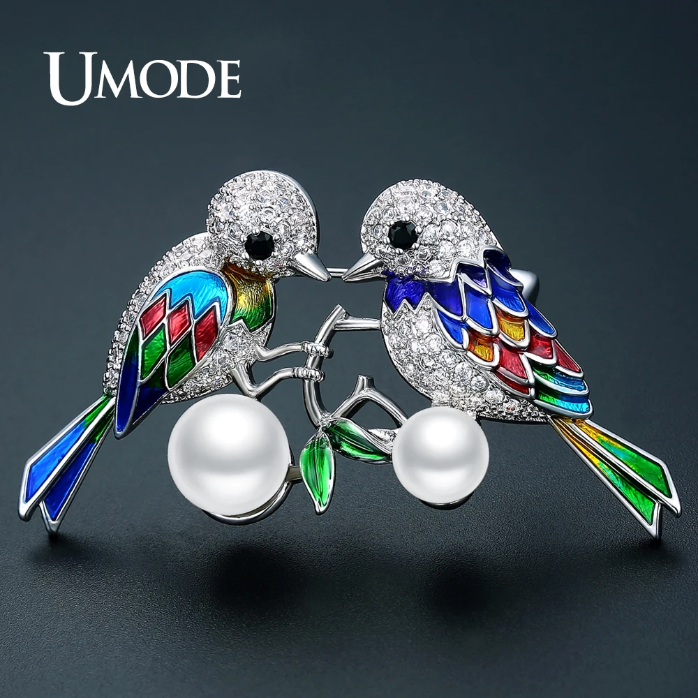 

UMODE New Fashion Jewelry Two Birds Charm Enamel Pin and Brooches for Women White Gold Color Large Pearl Brooch Design AUX0034