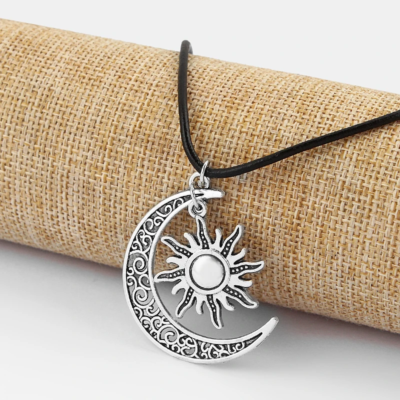 1pcs Antique Crescent Moon/Sun Charm Pendant Real Leather End Lobster Clasp Necklace For Boho Hippy 18″+2″Chain